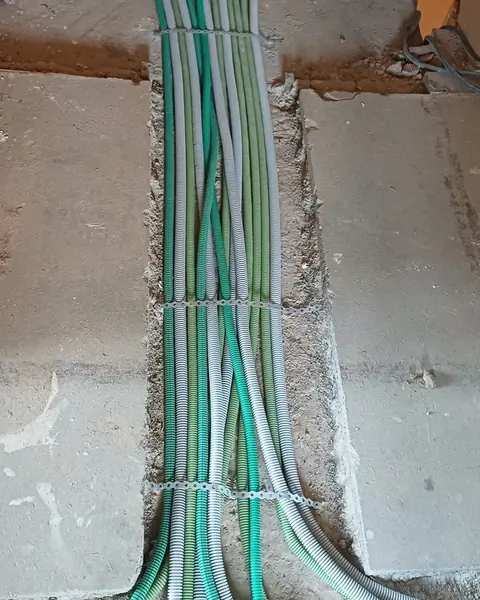 Faisceau de gaines électriques posé au sol pendant une rénovation